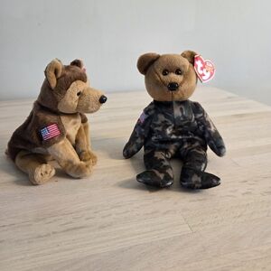 Ty Beanie Babies Courage German Shepherd & Hero Camo Bear - Patriotic